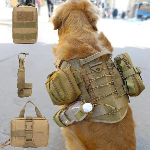 3Pcs Dog Tactical Bags Attaching on Harness Vest 2Pcs Pouch  and 1 Belt Bottle Holder Waist Military Tactical Carrier