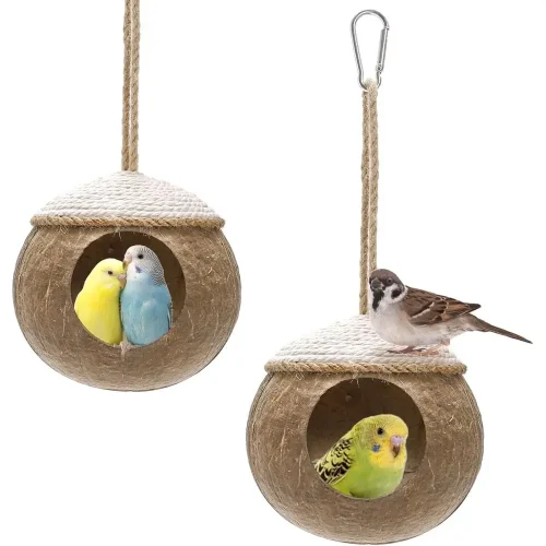 2 Pack Coconut Bird Nest Hut with Loop, Hanging Birdhouse Cage,
