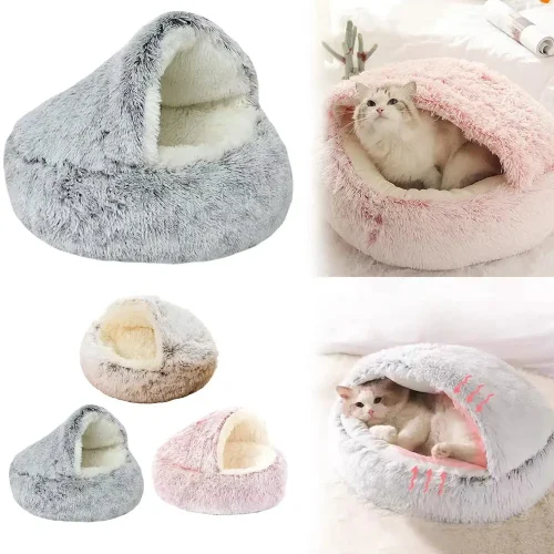 Plush Round Cat Bed Pet Mattress Warm Soft Comfortable Basket Cat Dog 2 in 1
